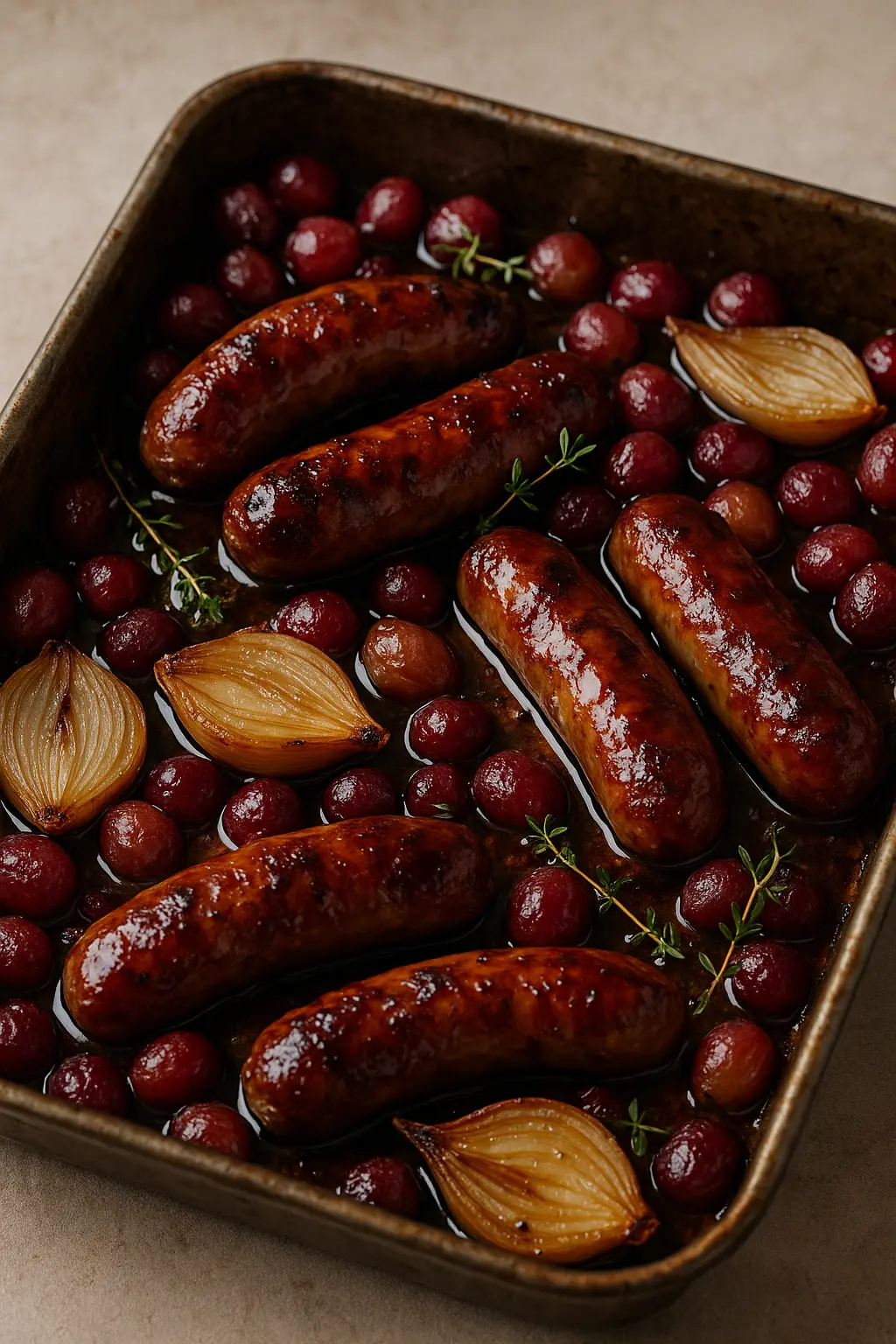 Balsamic Honey Glazed Sausages with Roasted Grapes & Shallots