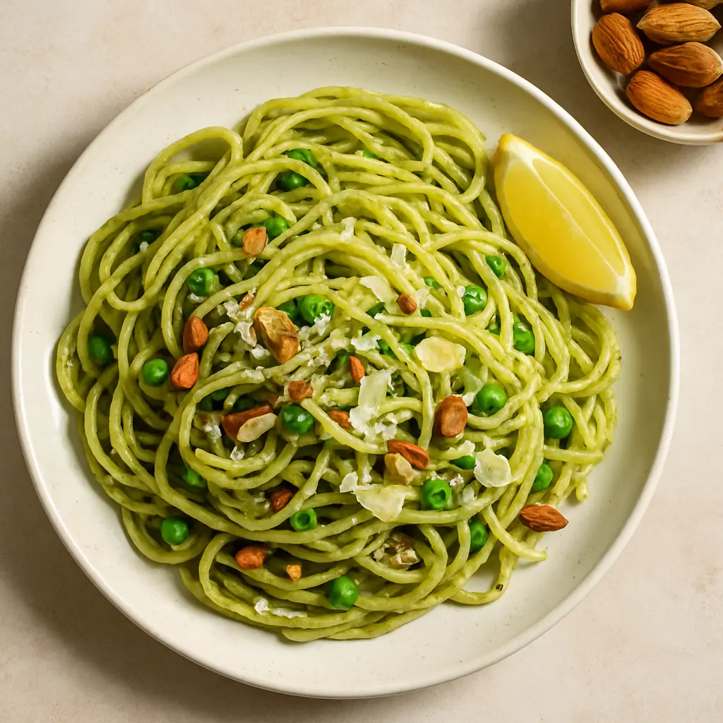 Everyday Pesto Spaghetti with Toasted Almonds & Lemon